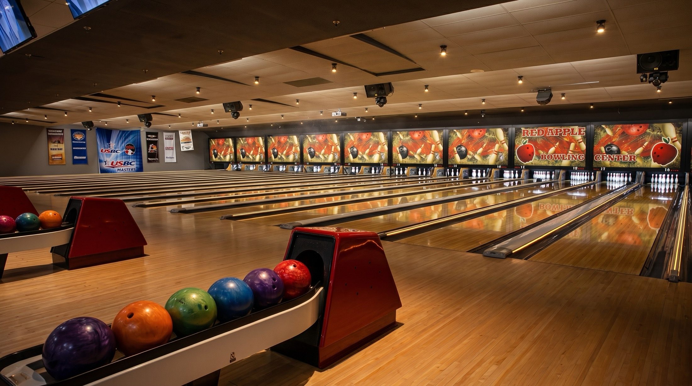 Rows of polished bowling lanes with racked pins and a rack of colorful bowling balls under the Red Apple Bowling Center sign